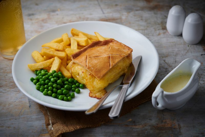 joseph holt cheese and onion pie with chips and peas