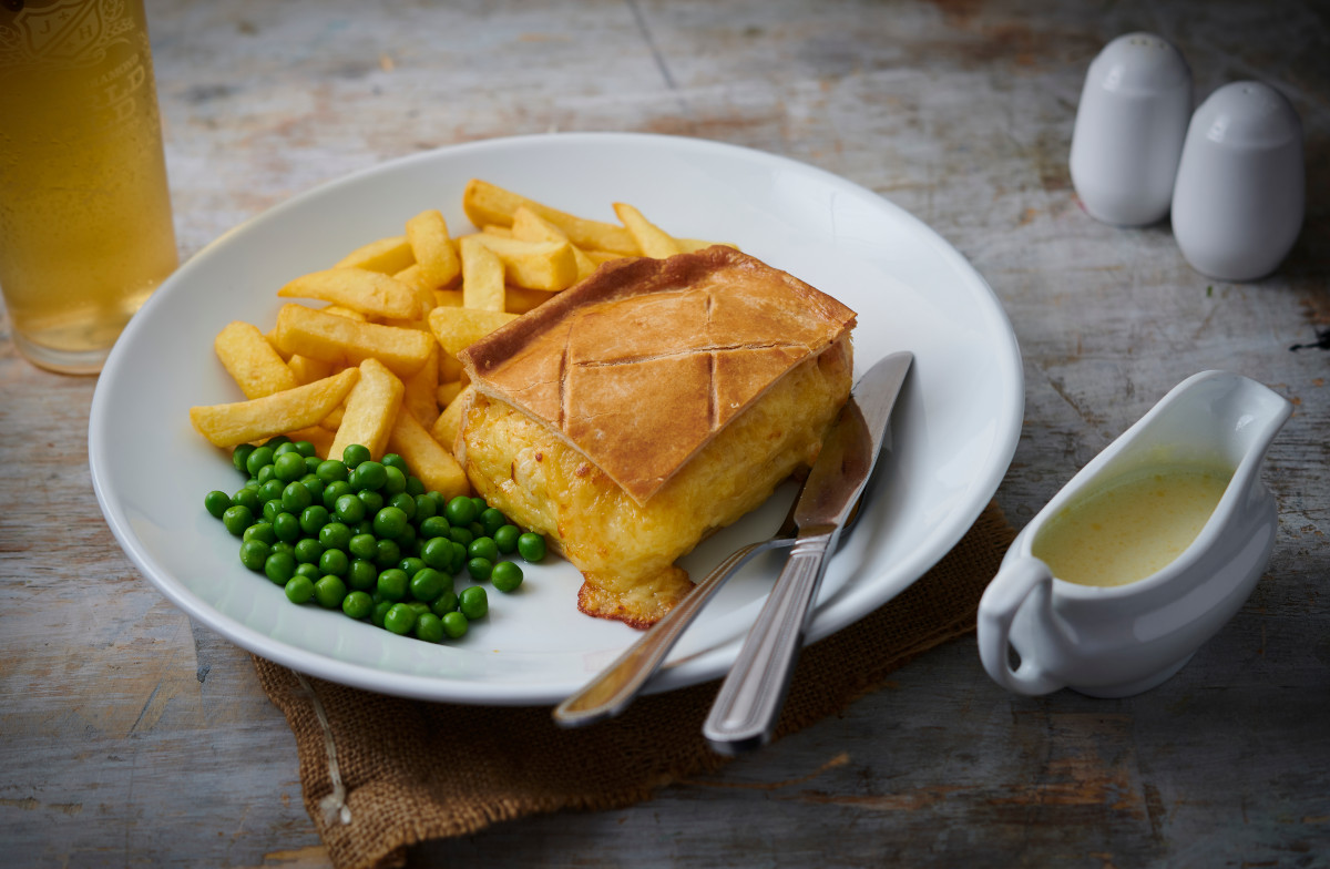 joseph holt cheese and onion pie with chips and peas