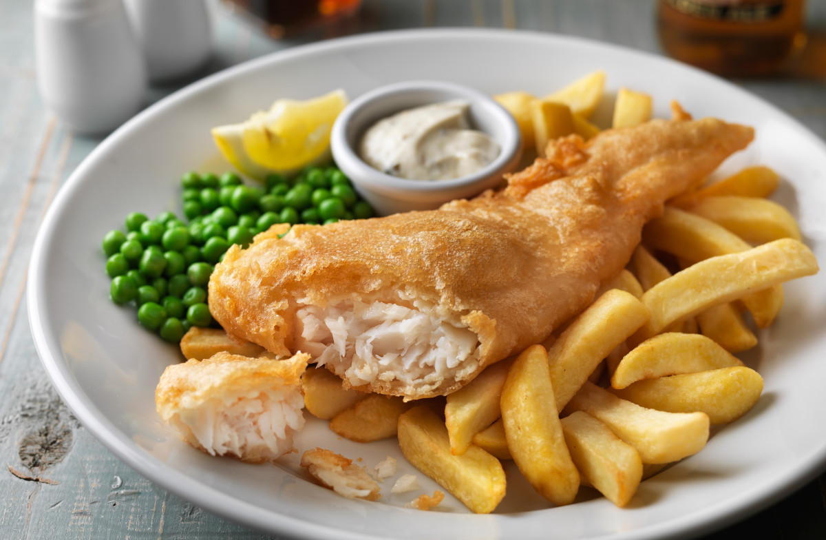 fish and chips with peas