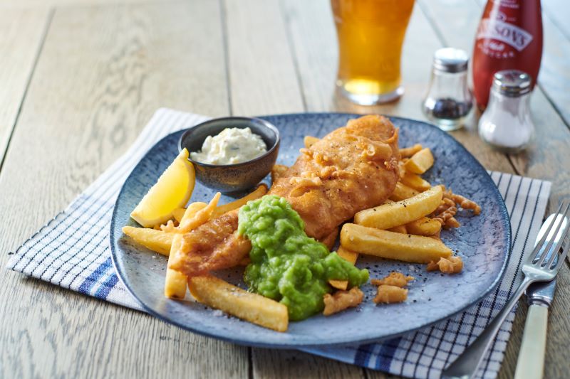 fish and chips with beer
