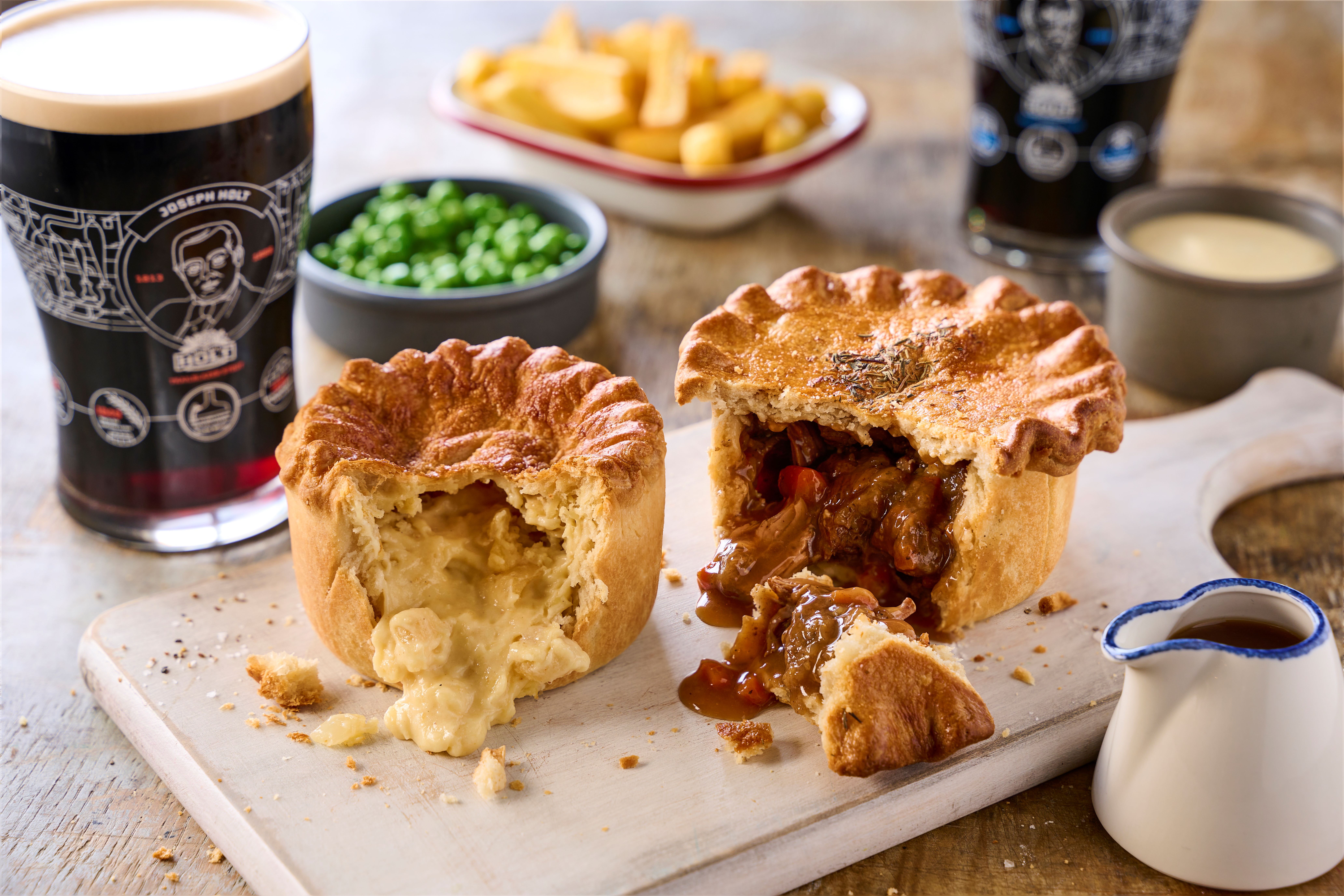 Cheese and onion, steak and ale pies