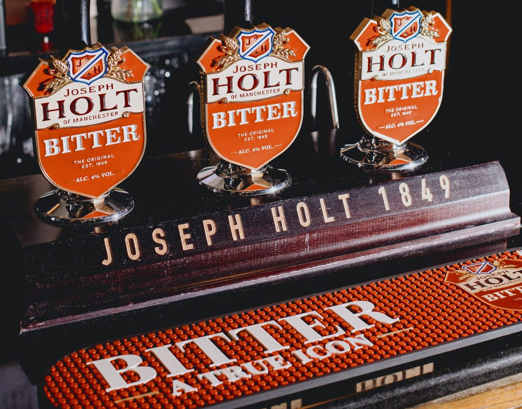 Joseph Holt Bitter Pump Clips and Bar Runner.